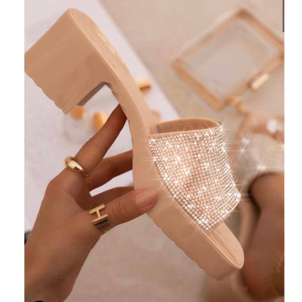 Rhinestone band jelly block heel